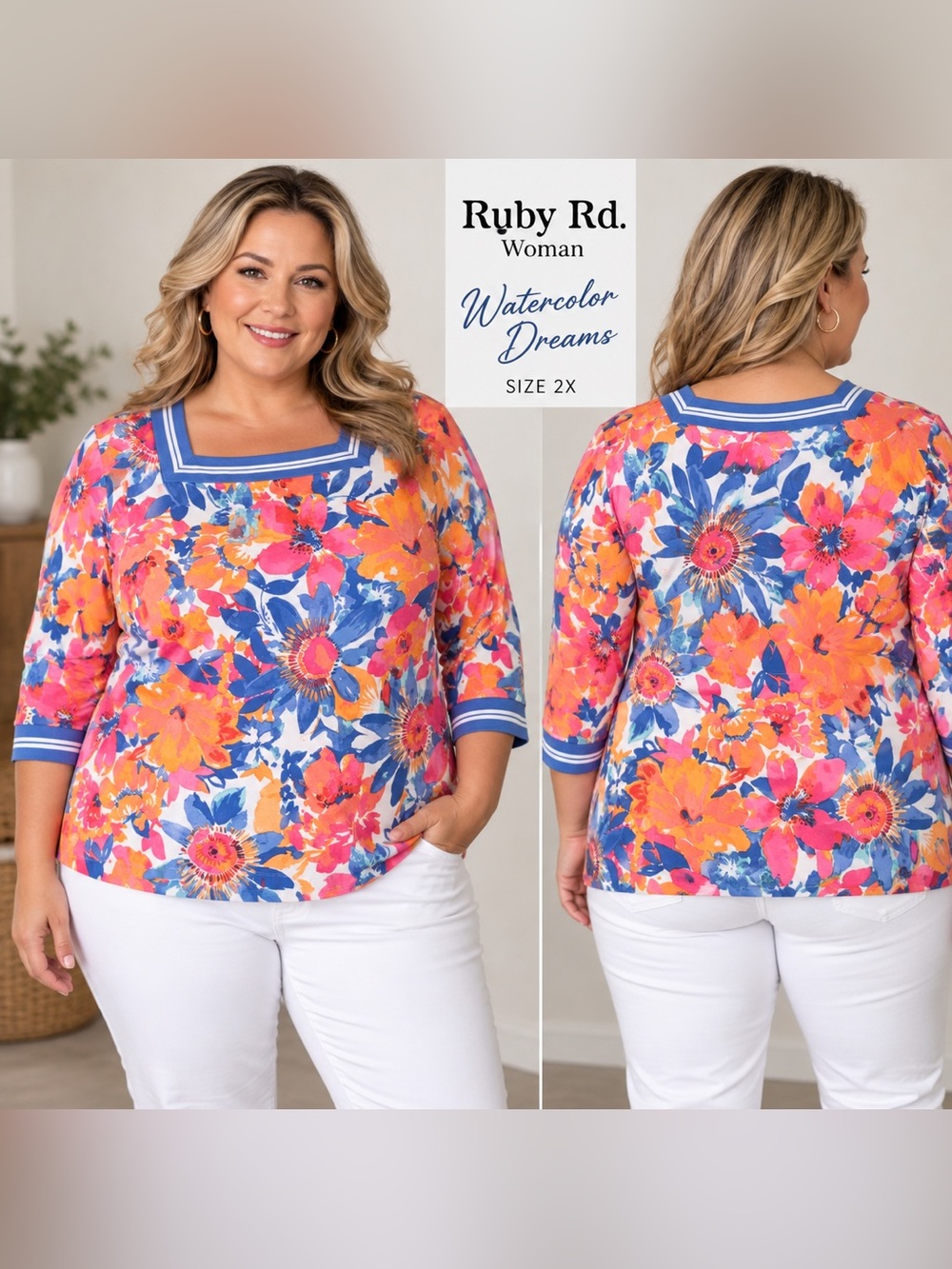 Women’s Ruby Rd. Watercolor Dreams 3/4 Sleeve Floral Top Size 2X NWT